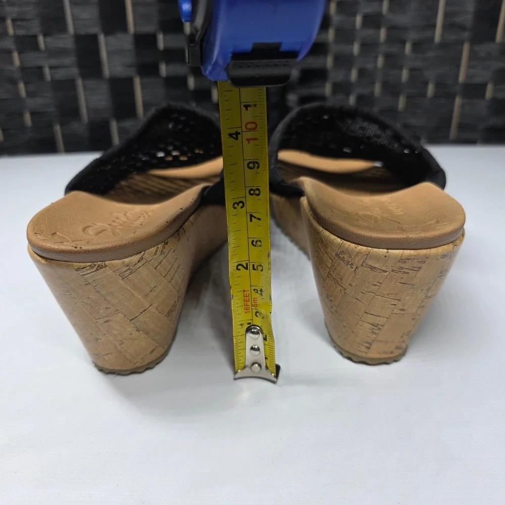 Skechers Luxe Foam Black Crochet Wedge Sandals Womens 6 Cork Platform Slides